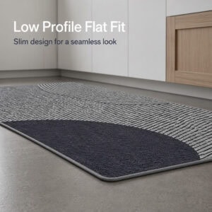 Gray kitchen runner lying flat against the floor with a slim low-profile design that sits seamlessly without bulky height or tripping edges.