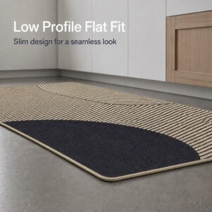 Beige kitchen runner lying flat against the floor with a slim low-profile design that sits seamlessly without bulky height or tripping edges.