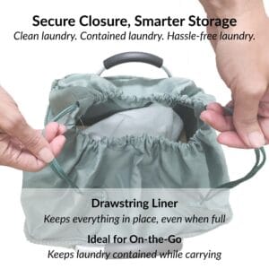 Drawstring liner keeps laundry secure inside basket while carrying