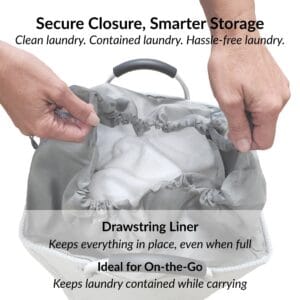 Drawstring liner keeps beige basket laundry secure while carrying