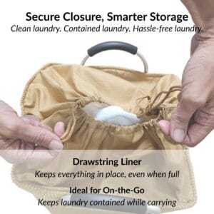 Drawstring liner keeps mustard yellow basket laundry secure while carrying