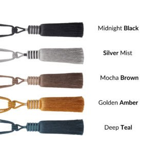 Five tieback colors displayed: midnight black, silver mist, mocha brown, golden amber, and deep teal options