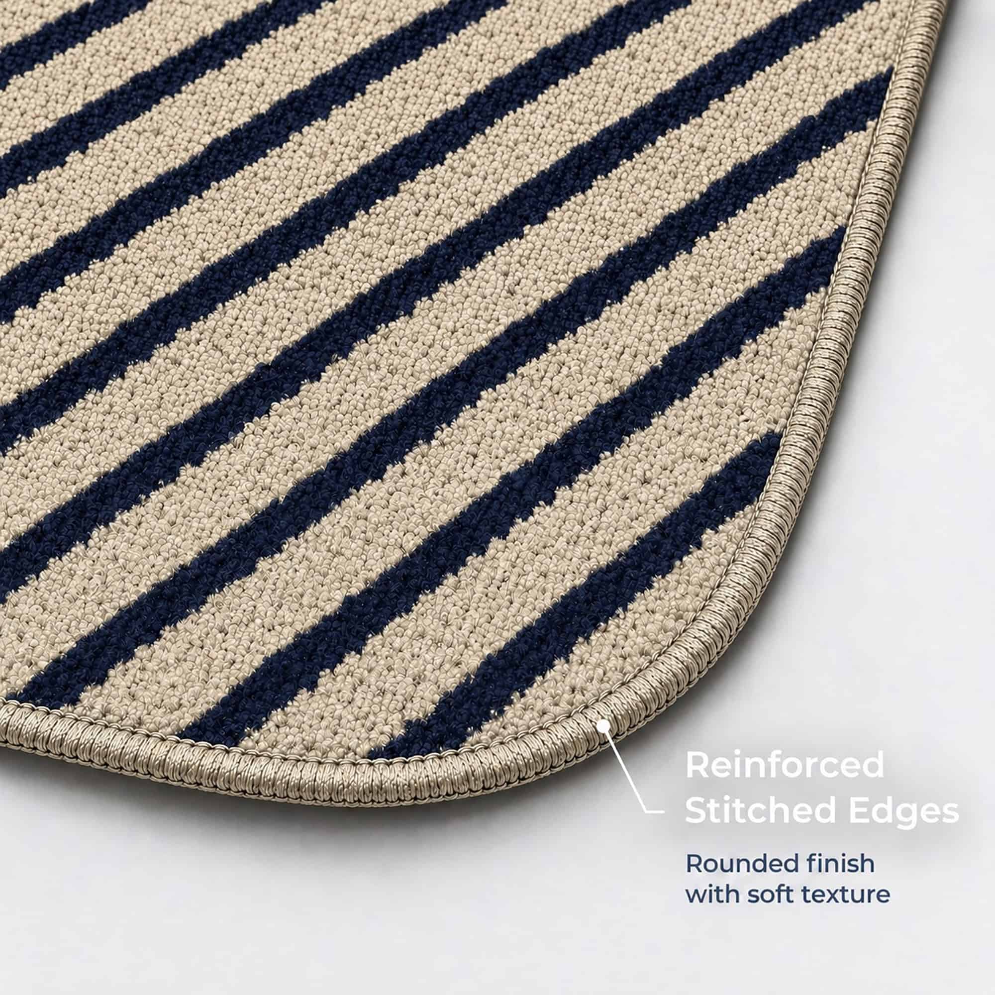 Close-up of beige kitchen mat corner showing reinforced stitched edges and a rounded soft-texture finish built to resist fraying over time.