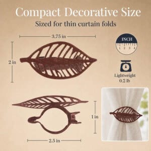 Rustic brown leaf curtain tieback dimensions, 3.75 by 2 inches, set of 2