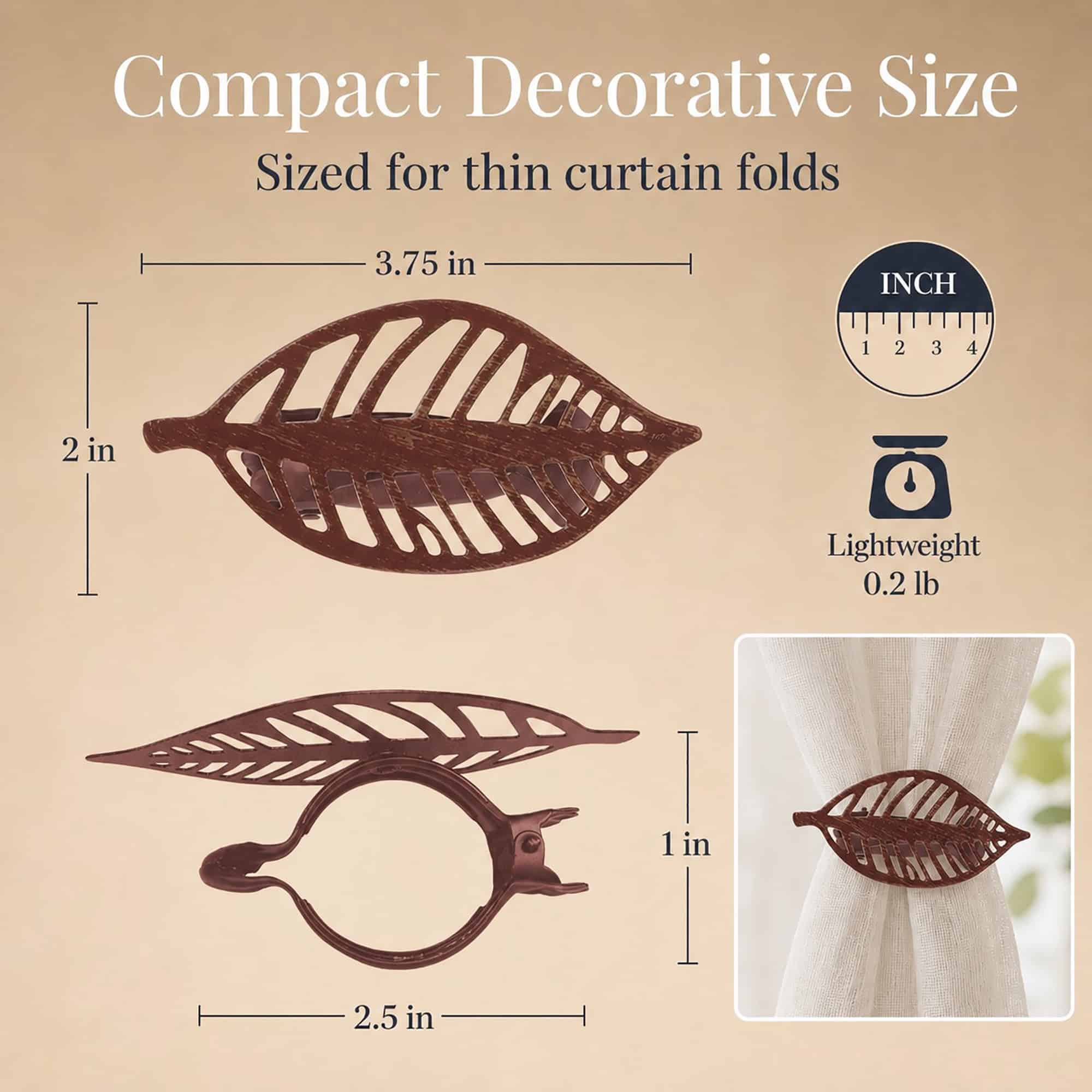 Rustic brown leaf curtain tieback dimensions, 3.75 by 2 inches, set of 2