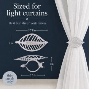Whitewash leaf curtain tieback dimensions, 3.75 by 2 inches, sized for light curtains