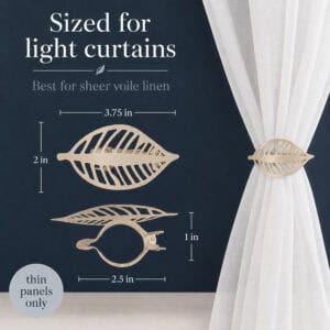 Champagne gold leaf curtain tieback dimensions, 3.75 by 2 inches, sized for light curtains