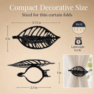 Textured black leaf curtain tieback dimensions, 3.75 by 2 inches, set of 2