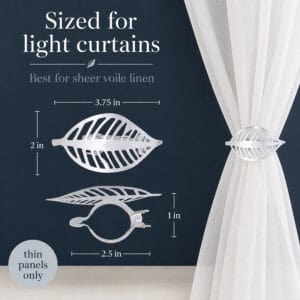 Polished silver leaf curtain tieback dimensions, 3.75 by 2 inches, sized for light curtains