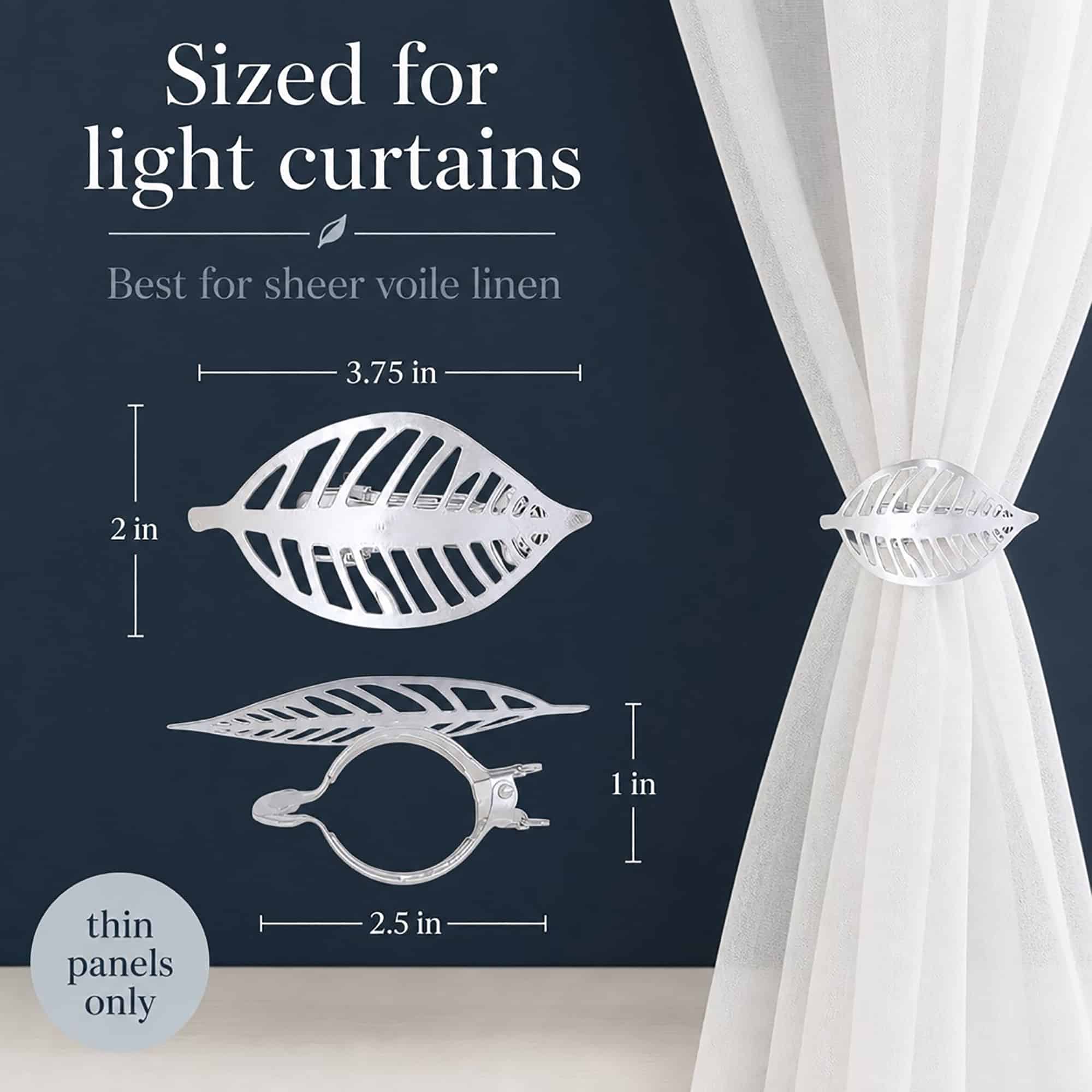 Polished silver leaf curtain tieback dimensions, 3.75 by 2 inches, sized for light curtains