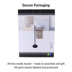 "Product packaging box for black freestanding 3-arm swivel towel rack"