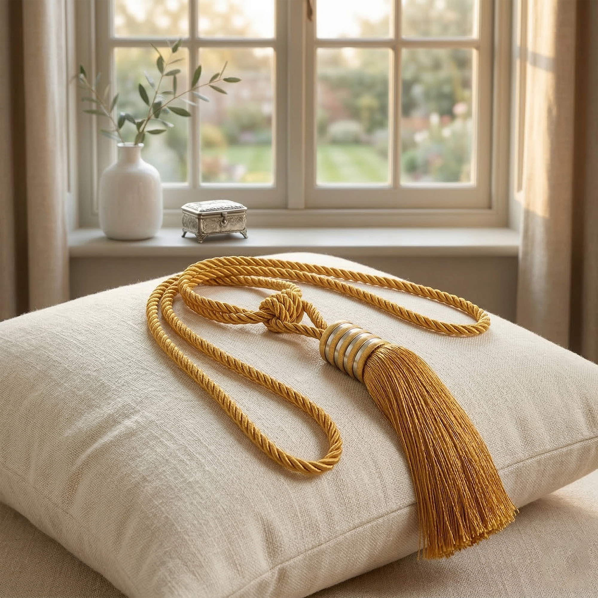 A golden amber twisted rope curtain tieback with a decorative tassel and silver rings, resting on a cream linen cushion near a window.