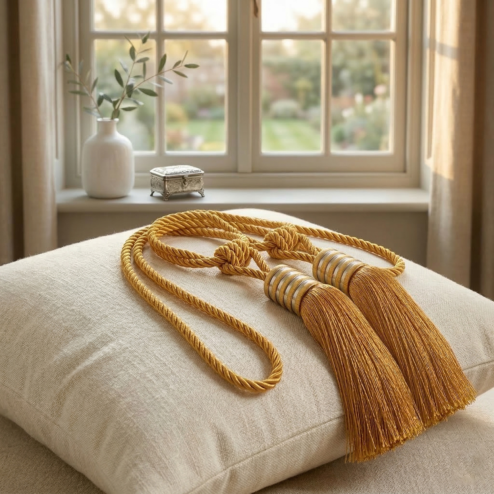 Golden amber twisted rope curtain tiebacks with a decorative tassel and silver rings, resting on a cream linen cushion near a window.