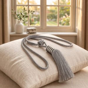A silver mist twisted rope curtain tieback with a decorative tassel and black rings, resting on a cream linen cushion near a window.