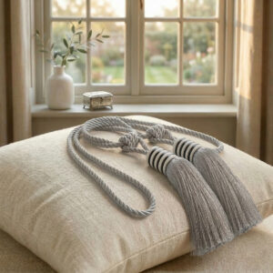Silver mist twisted rope curtain tiebacks with a decorative tassel and black rings, resting on a cream linen cushion near a window.