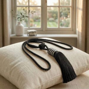 A midnight black twisted rope curtain tieback with a decorative tassel and silver rings, resting on a cream linen cushion near a window.