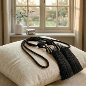 Midnight black twisted rope curtain tiebacks with a decorative tassel and silver rings, resting on a cream linen cushion near a window.