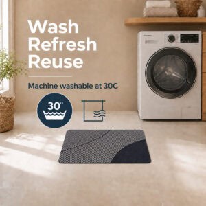 Gray kitchen mat in a laundry area beside a washing machine, fully machine washable at thirty degrees for easy care in busy homes.