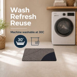 Beige kitchen mat in a laundry area beside a washing machine, fully machine washable at thirty degrees for easy care in busy homes.