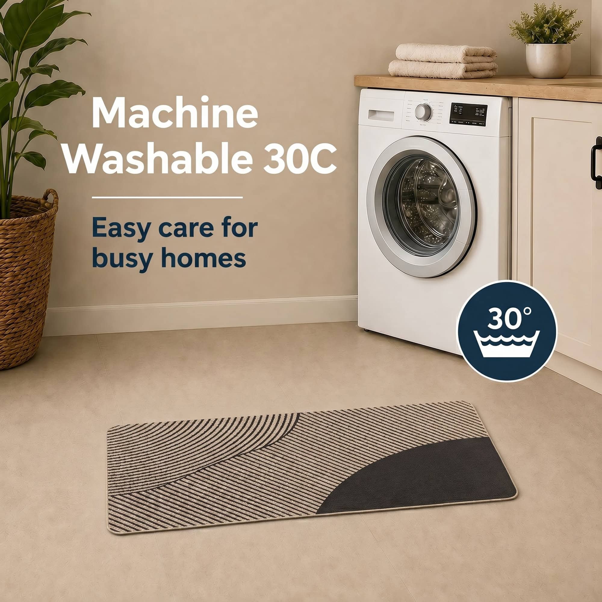 Beige kitchen mat in a laundry area beside a washing machine, fully machine washable at thirty degrees for easy care in busy homes.
