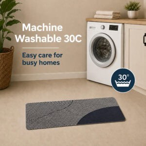 Gray kitchen mat in a laundry area beside a washing machine, fully machine washable at thirty degrees for easy care in busy homes.