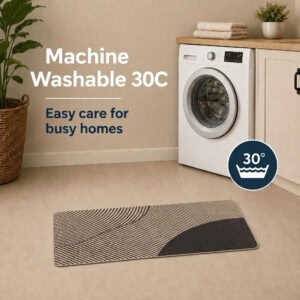 Beige kitchen runner in a laundry area beside a washing machine, fully machine washable at thirty degrees for easy care in busy homes.