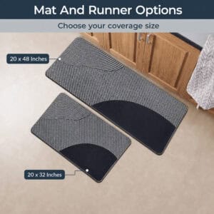 Gray kitchen mat and runner shown together in two sizes, twenty by thirty-two and twenty by forty-eight inches, for flexible coverage.