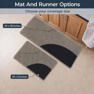 Beige kitchen mat and runner shown together in two sizes, twenty by thirty-two and twenty by forty-eight inches, for flexible coverage.