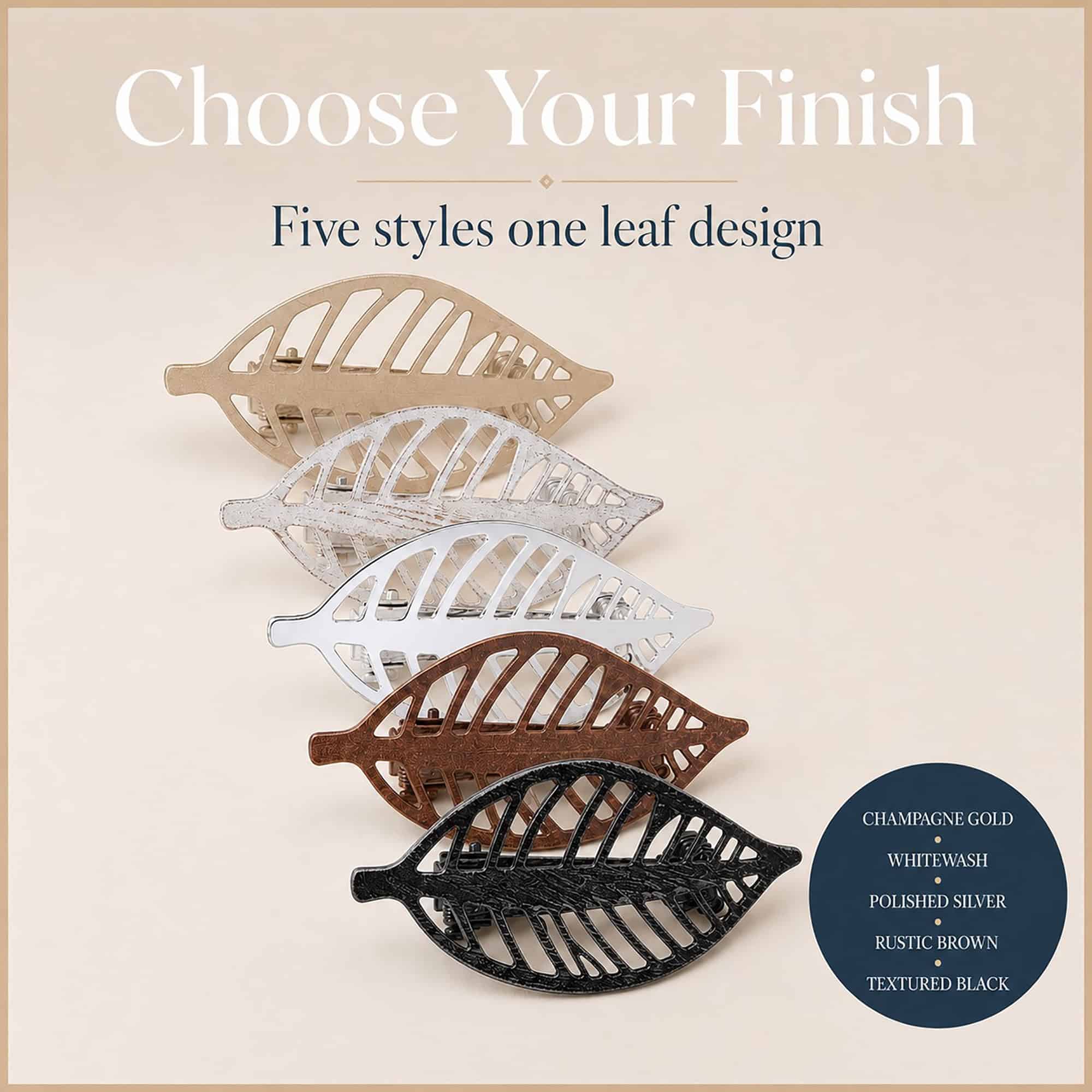 Leaf curtain tieback shown in five finishes: gold, whitewash, silver, brown, black