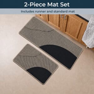 Beige two-piece kitchen mat set including one runner and one standard mat, coordinated geometric design for layered kitchen floor coverage.