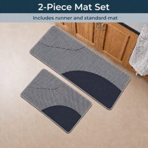 Gray two-piece kitchen mat set including one runner and one standard mat, coordinated geometric design for layered kitchen floor coverage.