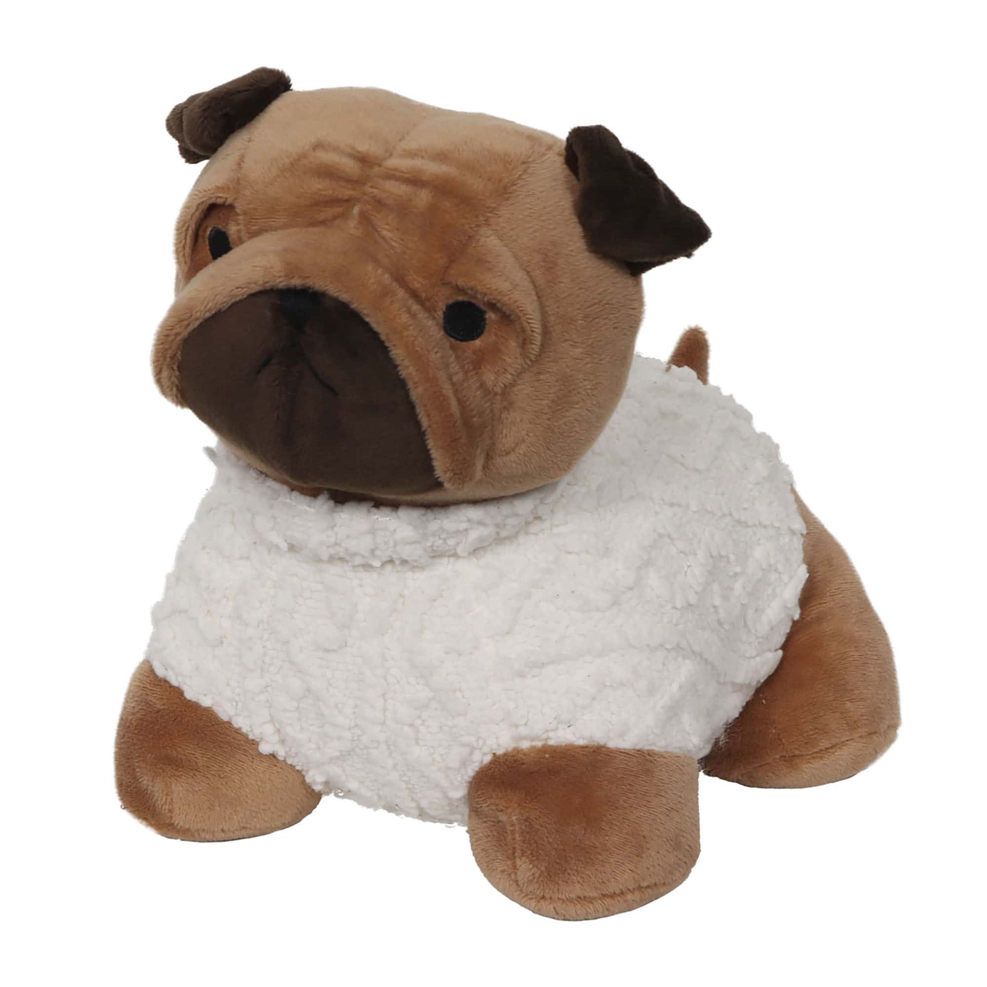 Tan pug door stopper, plush pug lying down with tan microfiber head and paws, dark brown muzzle and ears, black eyes, and a cream sherpa body like a sweater. White background.
