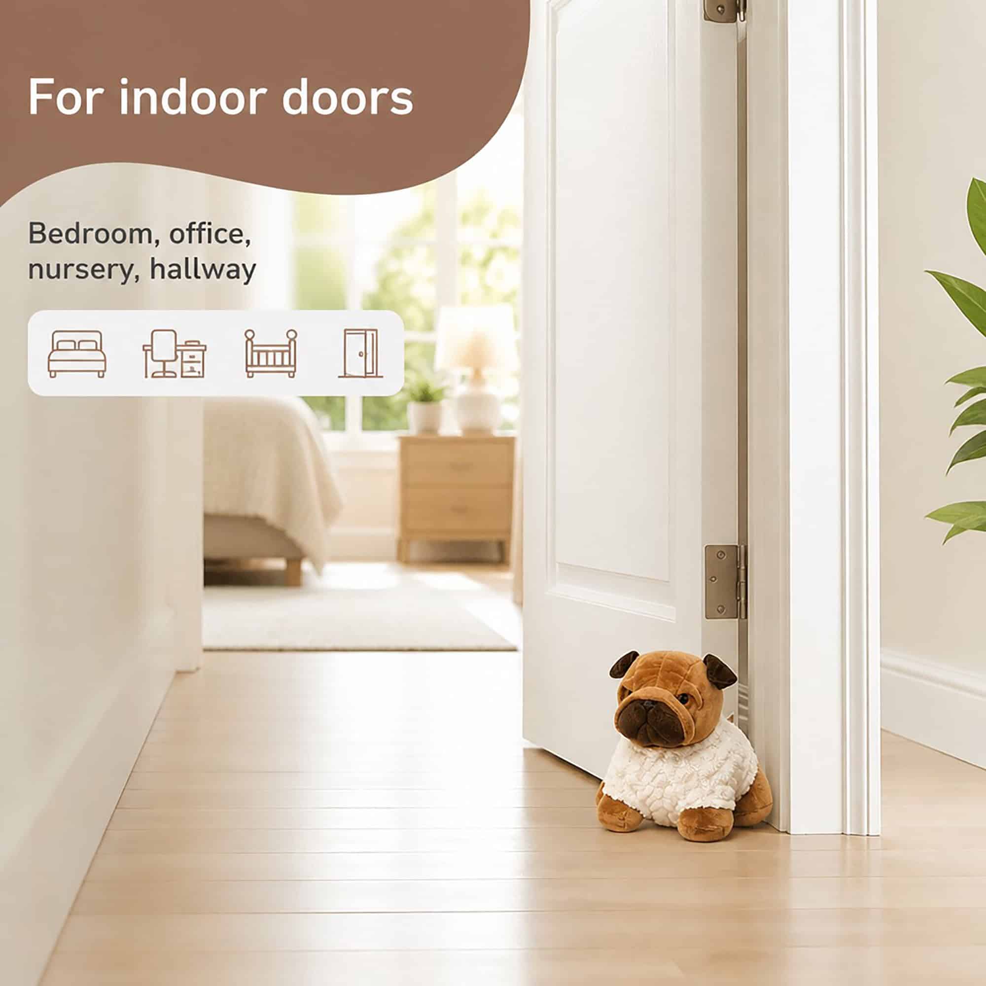 Tan pug door stopper holding open a white door on hardwood floor, bedroom behind, with four room icons. On-image text: "For indoor doors," "Bedroom, office, nursery, hallway."