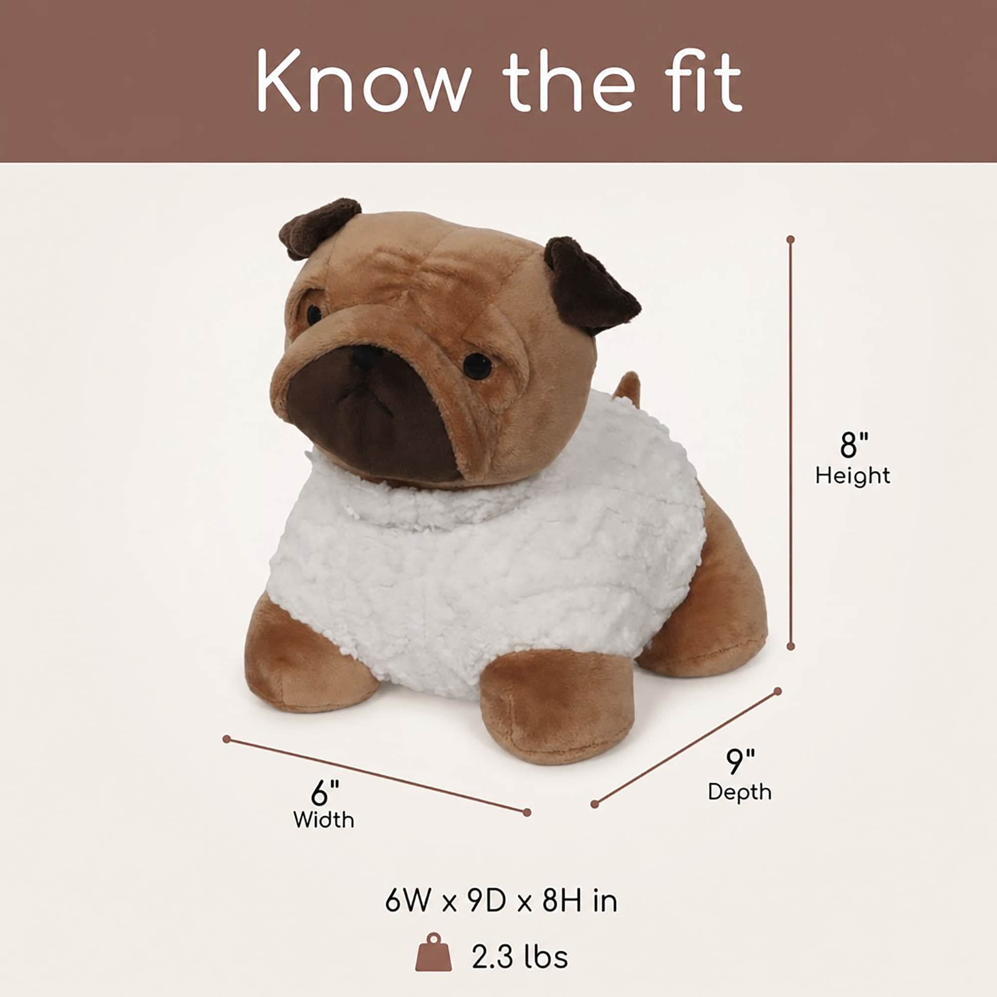 Tan pug door stopper on a cream background with measurement callouts. On-image text: "Know the fit," "6" Width," "9" Depth," "8" Height," "6W x 9D x 8H in," "2.3 lbs."