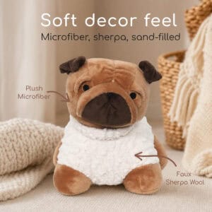 Tan pug door stopper on a cream surface with labels pointing to the head and body. On-image text: "Soft decor feel," "Microfiber, sherpa, sand-filled," "Plush Microfiber," "Faux Sherpa Wool."