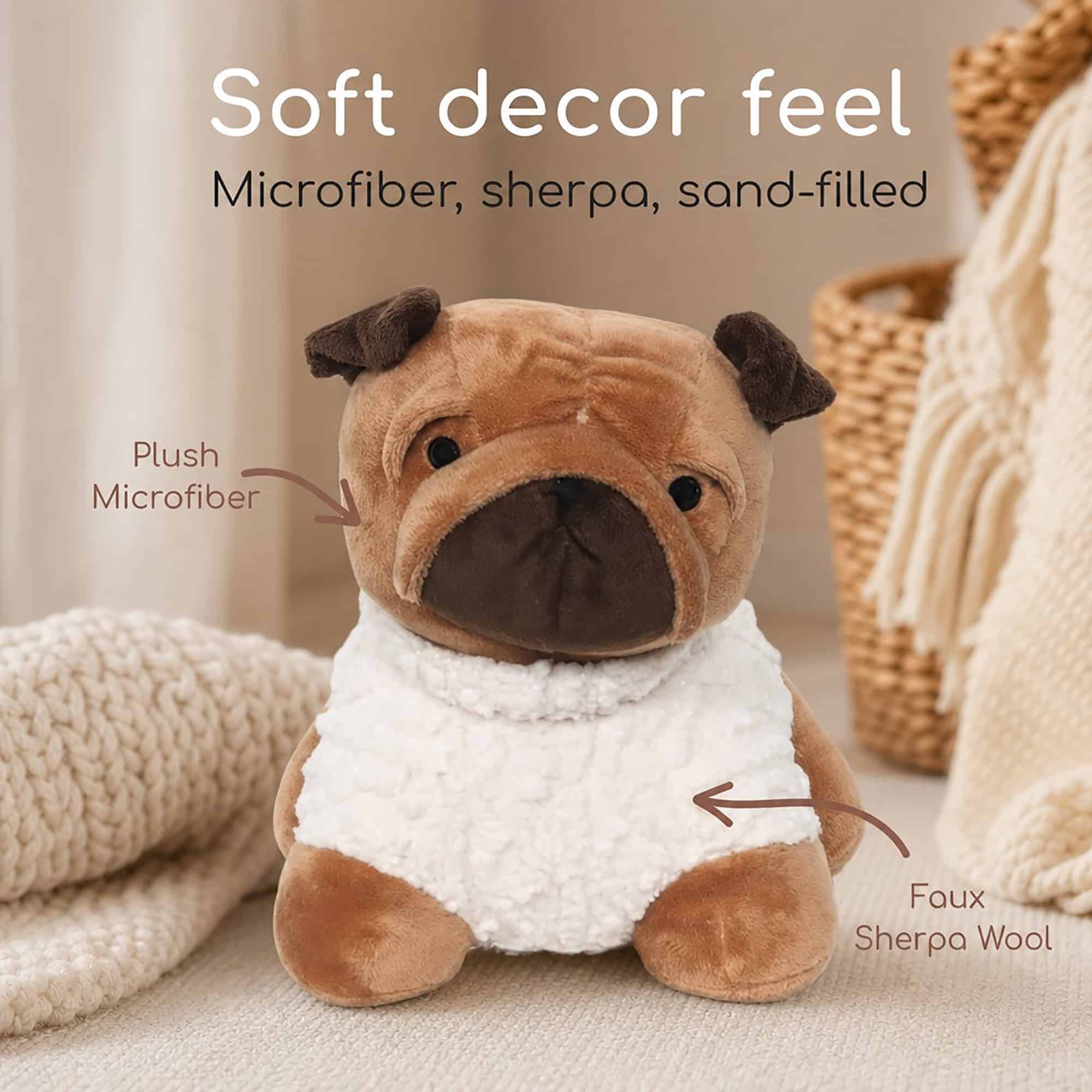 Tan pug door stopper on a cream surface with labels pointing to the head and body. On-image text: "Soft decor feel," "Microfiber, sherpa, sand-filled," "Plush Microfiber," "Faux Sherpa Wool."