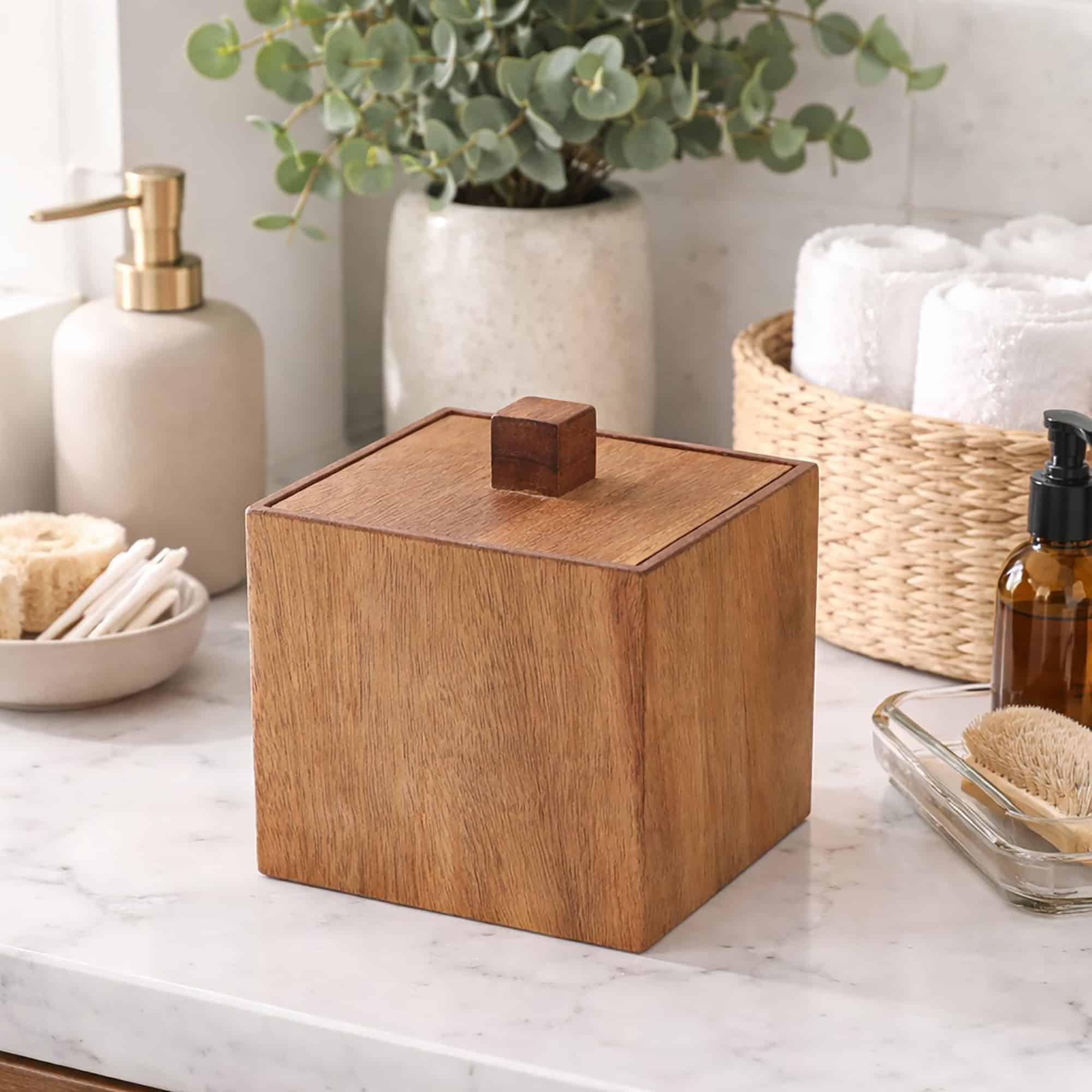 Square acacia wood storage box with lid and cube knob on marble countertop with bathroom accessories