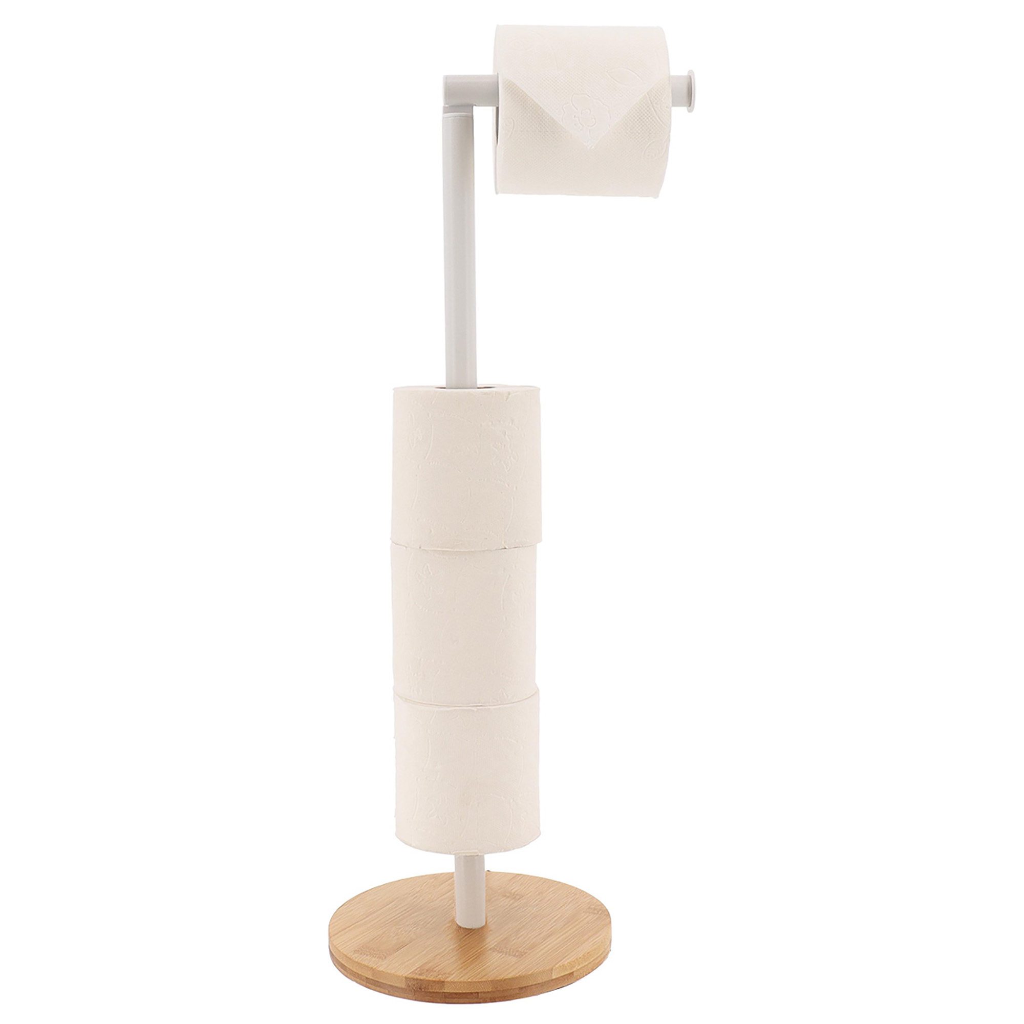 White freestanding toilet paper holder with bamboo base holding four rolls