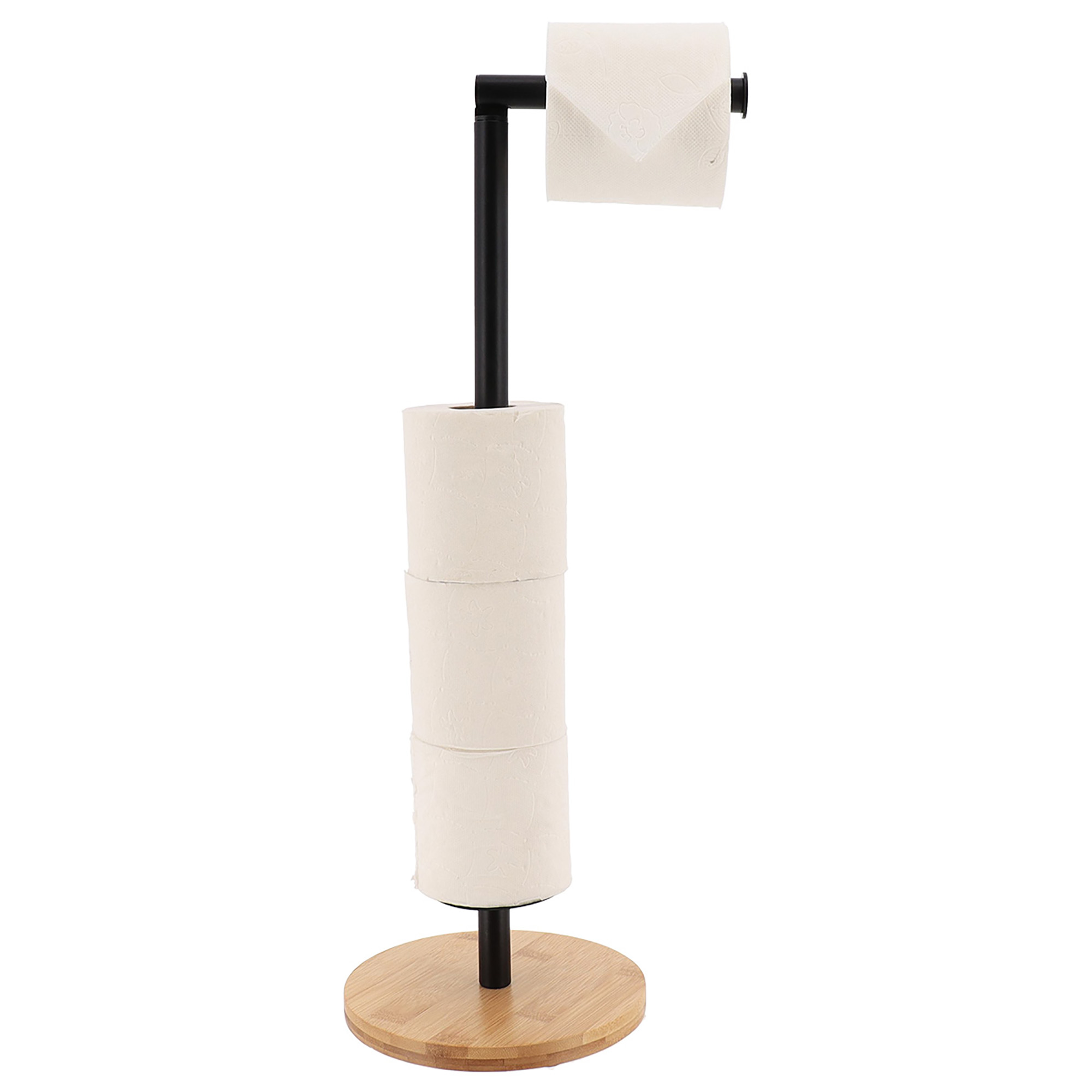 Black freestanding toilet paper holder with bamboo base holding four rolls