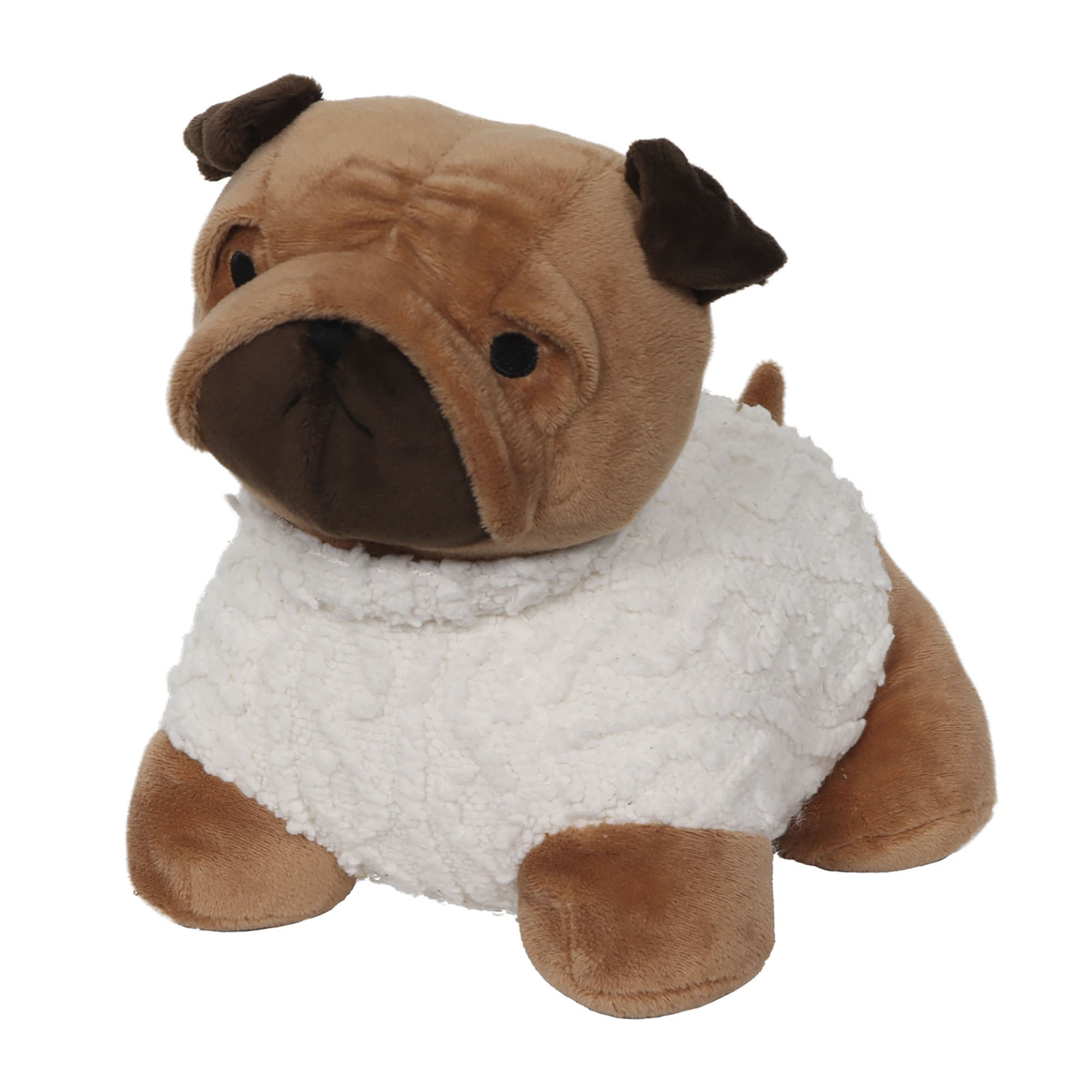 Plush pug door stopper with faux sherpa wool and microfiber body
