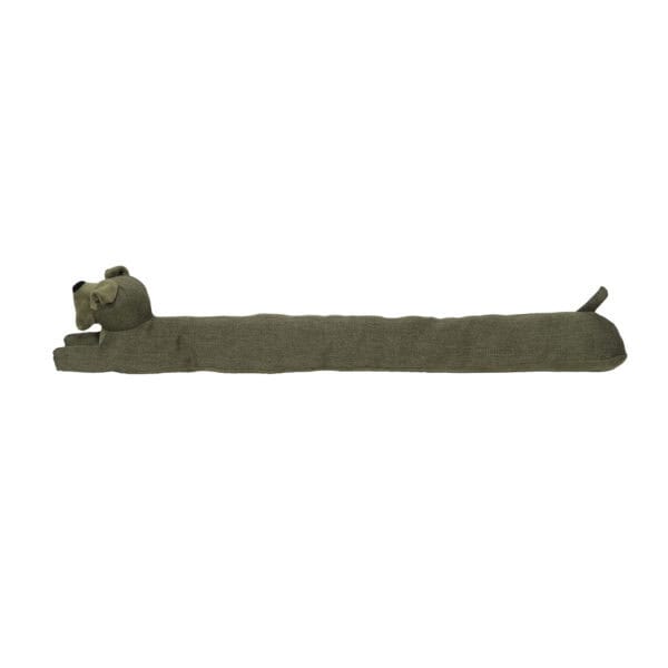 Dog-shaped door draft stopper in forest moss color, full product view on white background