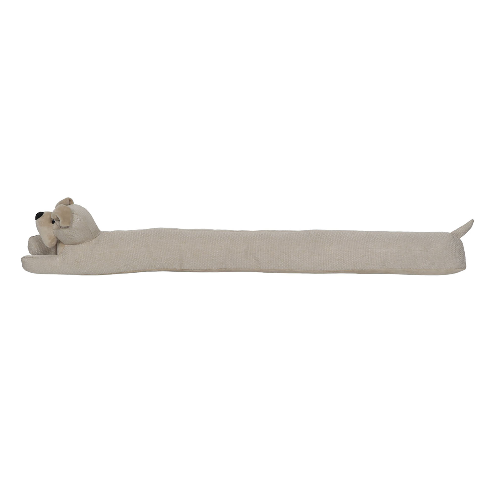 Dog-shaped door draft stopper in oat biscuit beige color, full product view on white background