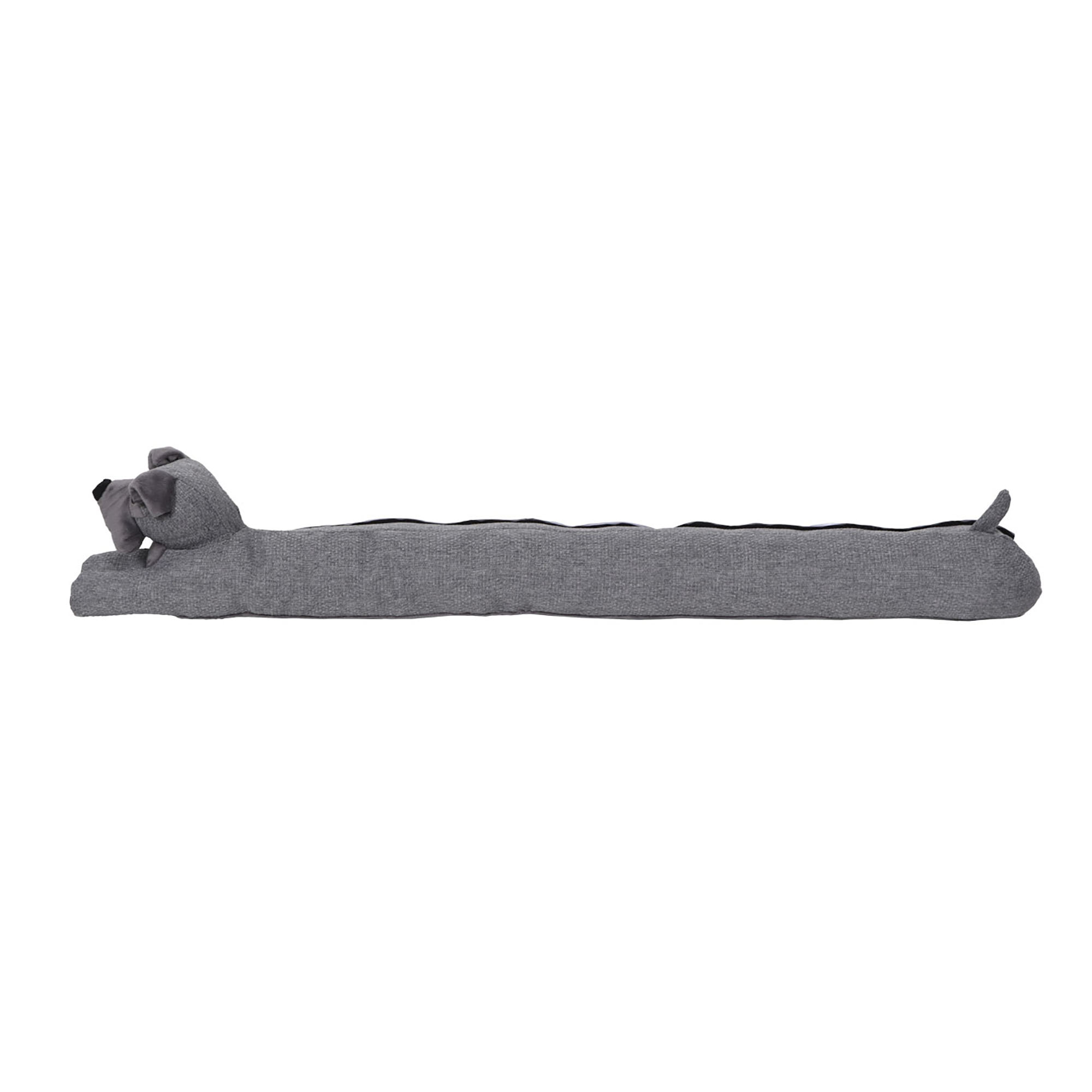 Dog-shaped door draft stopper in shadow gray color, full product view on white background