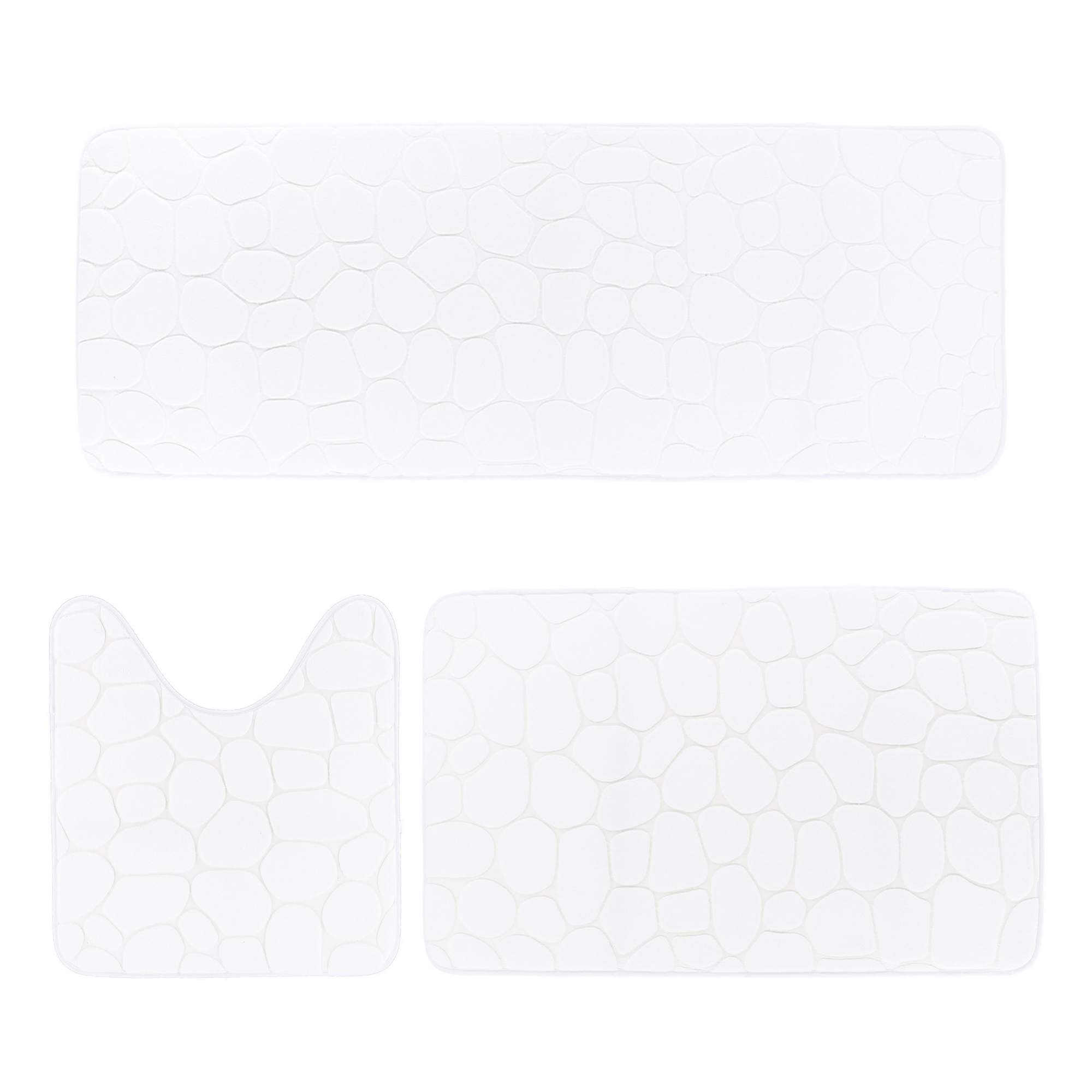 White 3-piece pebble bathroom mat set with runner, bath, and contour mats