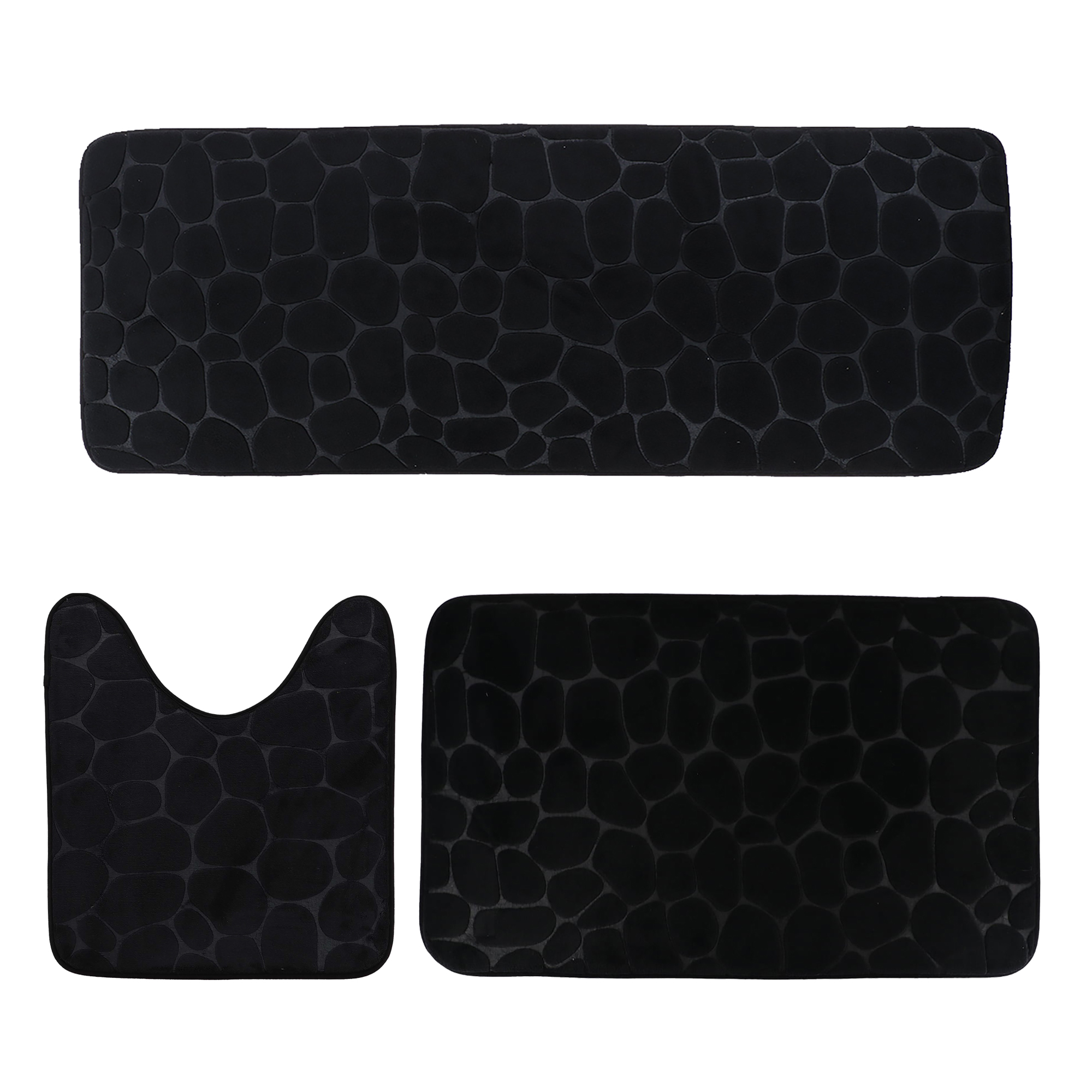 Black 3-piece pebble bathroom mat set with runner, bath, and contour mats