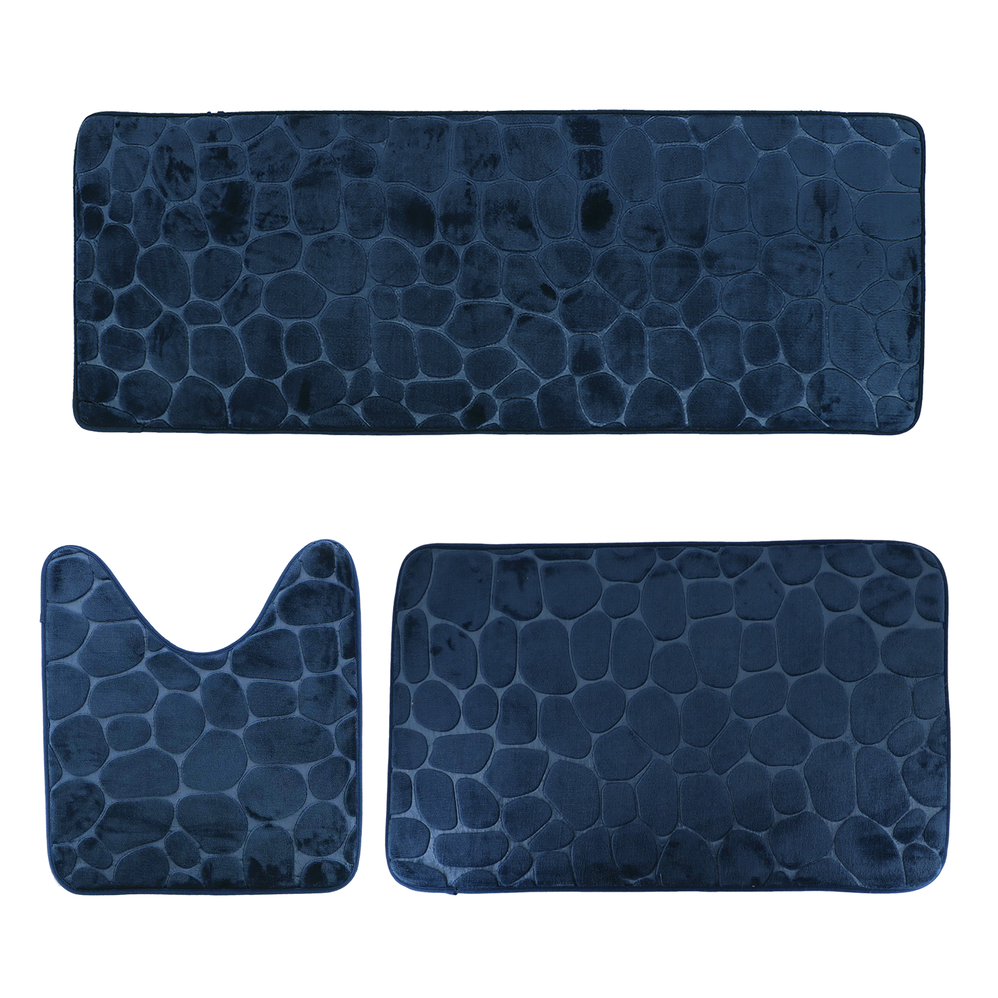 Navy blue 3-piece pebble bathroom mat set with runner, bath, and contour mats