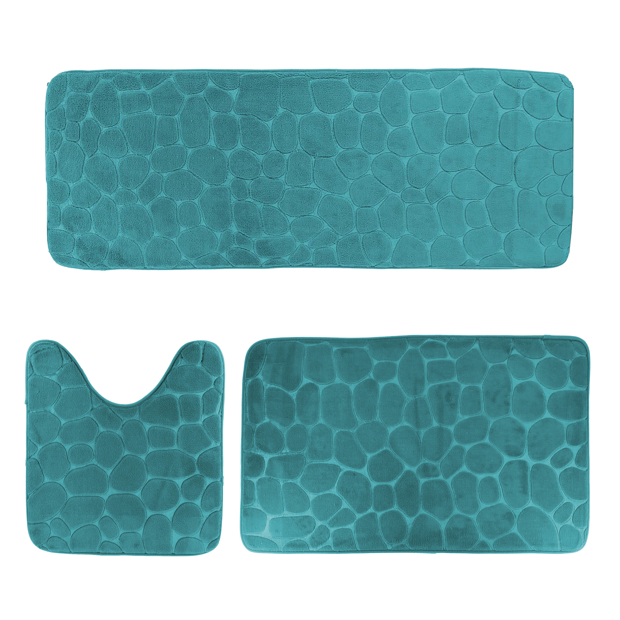 Peacock blue 3-piece pebble bathroom mat set with runner, bath, and contour mats