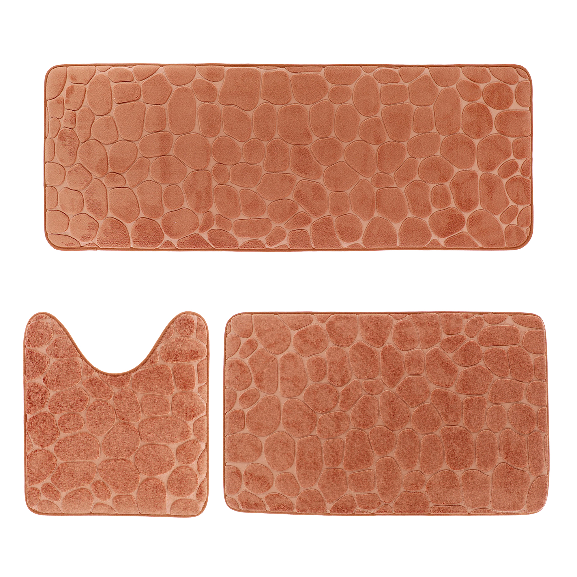 Copper 3-piece pebble bathroom mat set with runner, bath, and contour mats