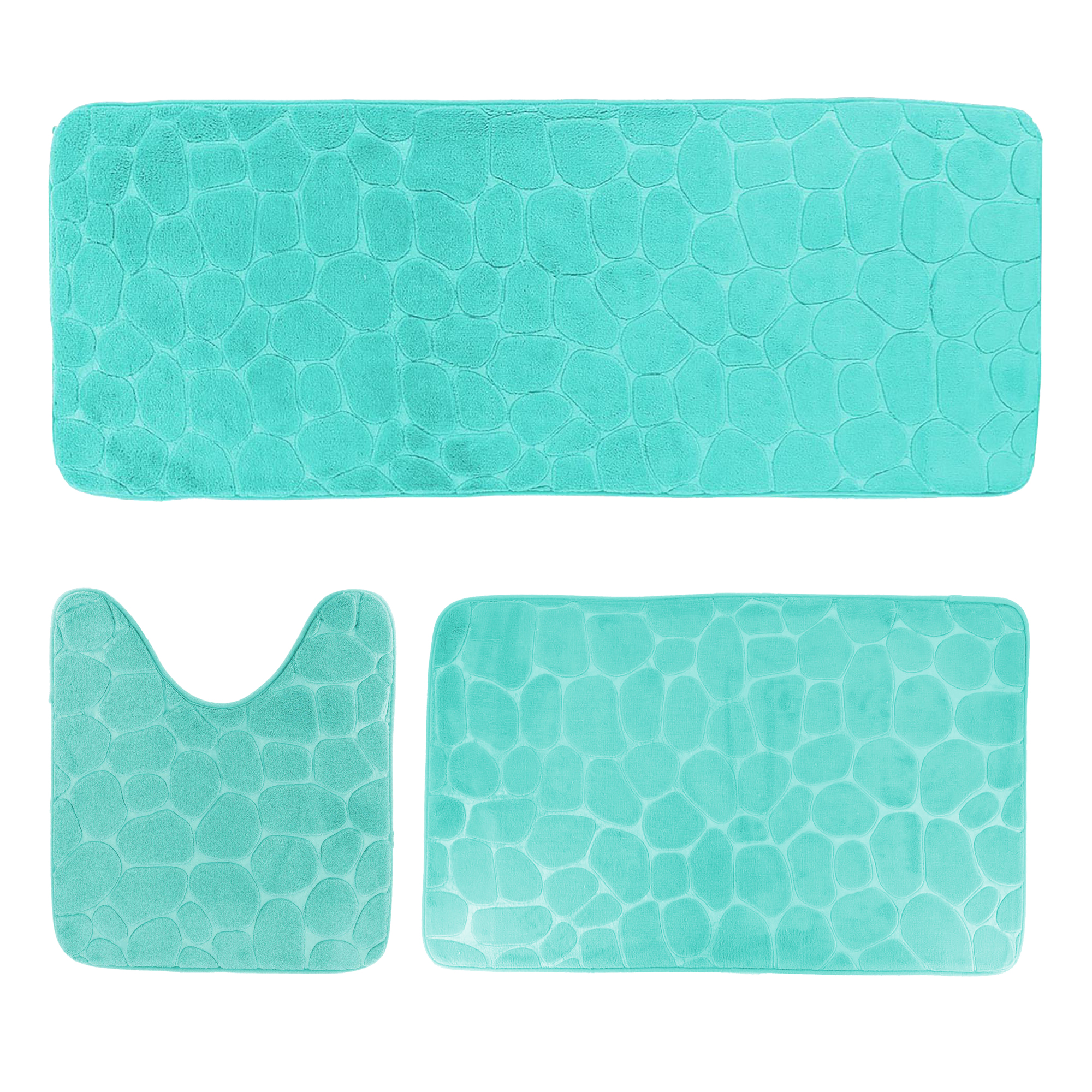 Aqua blue 3-piece pebble bathroom mat set with runner, bath, and contour mats