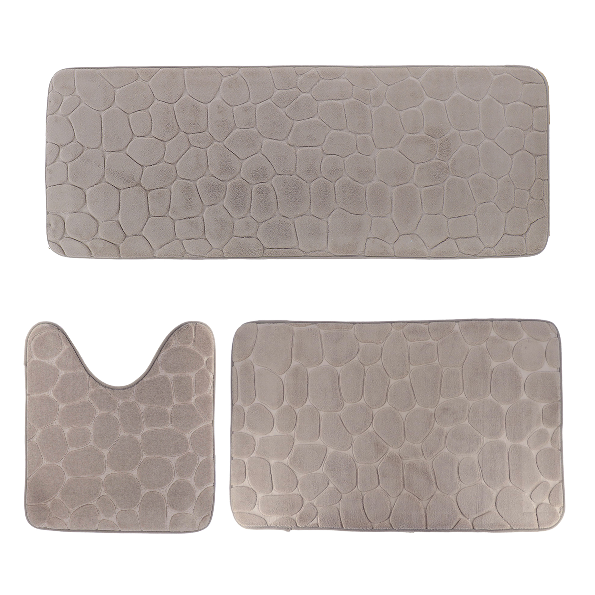 Taupe 3-piece pebble bathroom mat set with runner, bath, and contour mats